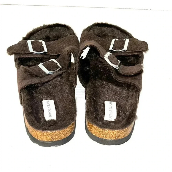 Royal Class Shoes Sz 10 Suede Leather Faux Fur Footbed Sandals Adjustable Brown - Picture 4 of 10